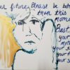 A painting of a woman with words written on it.