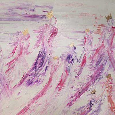 A painting of people in pink and purple