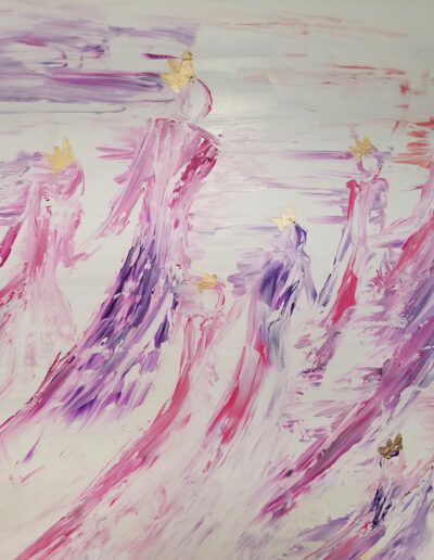A painting of people in pink and purple