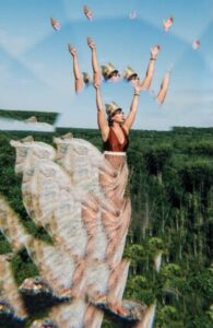 A woman in a red top is flying money